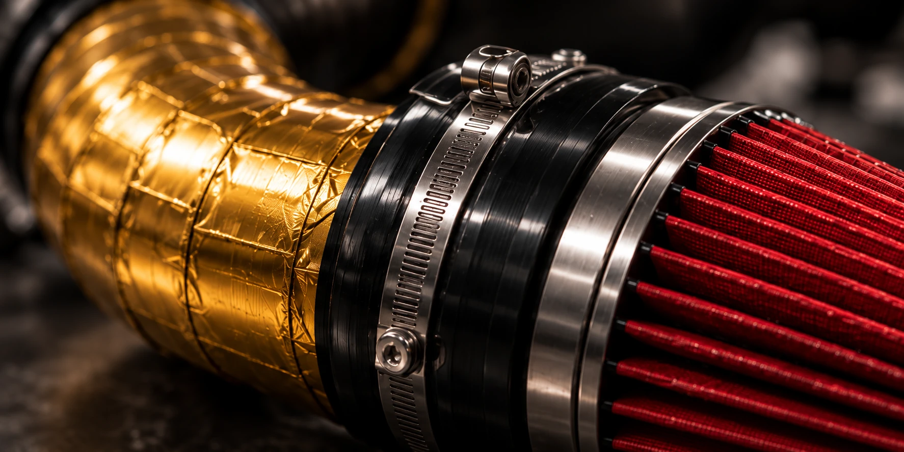 Illustrative close-up of gold heat wrap, a black coupling, a steel clamp and red filter pleats